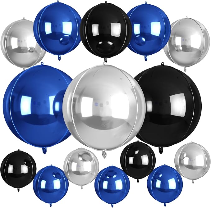 15 Pcs Navy Blue Black Silver Round Foil Balloons, 22/15/10 Inch 4D Ball by Sowide