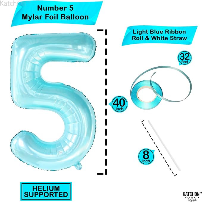 KatchOn Light Blue 5 Balloon Number 40 Inch | Light Blue Number 5 Balloon - Image 4