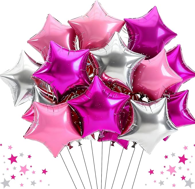 TONIFUL 15Pcs Star Balloons 18Inch Large Hot Pink Silver Pink Foil Balloons | by TONIFUL