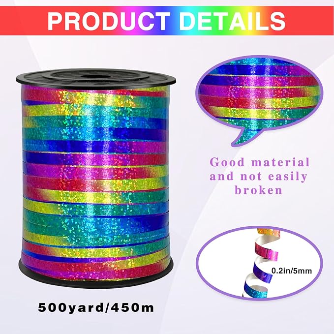 500 Yards Rainbow Laser Curling Ribbon, 1/5" Holographic Curly Ribbons - Image 2