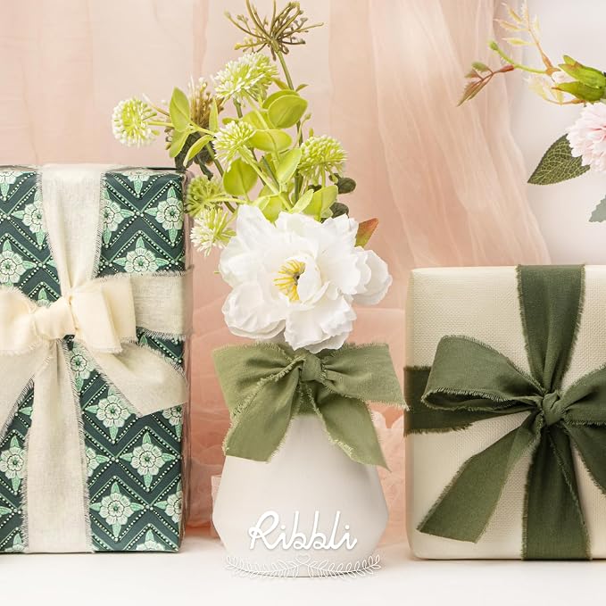 Ribbli 3 Rolls Green Ribbon 1.5 Inch x 18Yards Ivory Sage Moss Handmade Cotton - Image 3