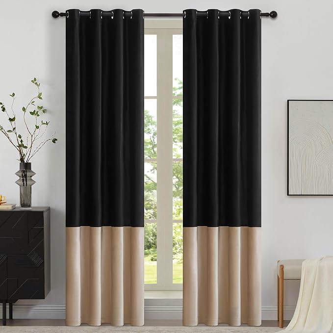 Black Beige Velvet Blackout Curtains Luxury Decor 72 inches, Color Block | by ModernShinyVelvetCurtains