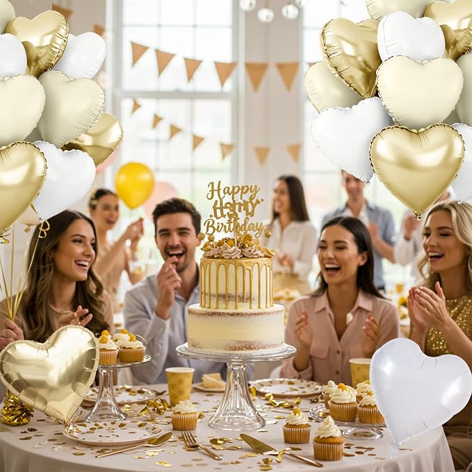 TONIFUL 30 Pcs 18 Inch Champagne Gold Cream White Heart Shape Foil Balloons | - Image 6