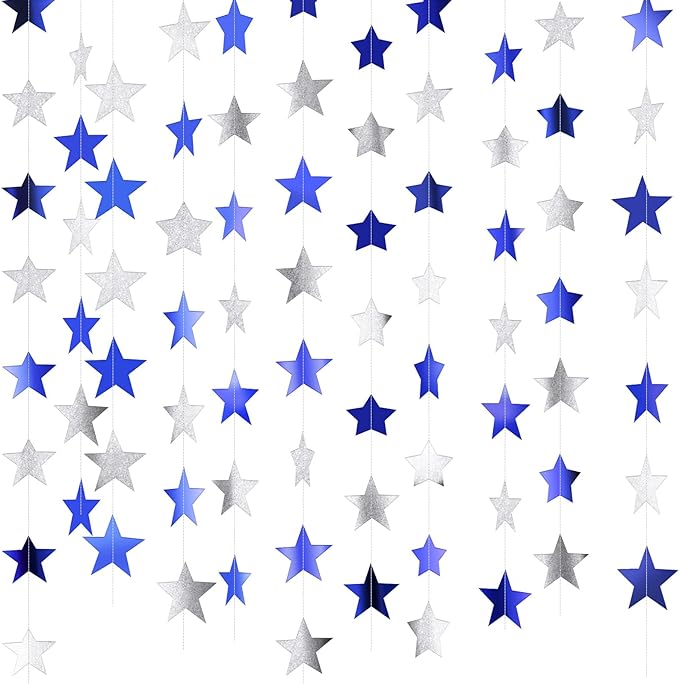 Patelai 130 ft Star Garland Banner Decor, Ocean Blue, Glitter Silver by Patelai