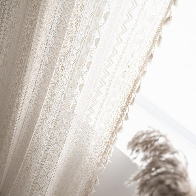 Sutuo Home Crochet Boho Curtain 96 Inches Length, Sheer Lace Handmade Tassels - Image 7