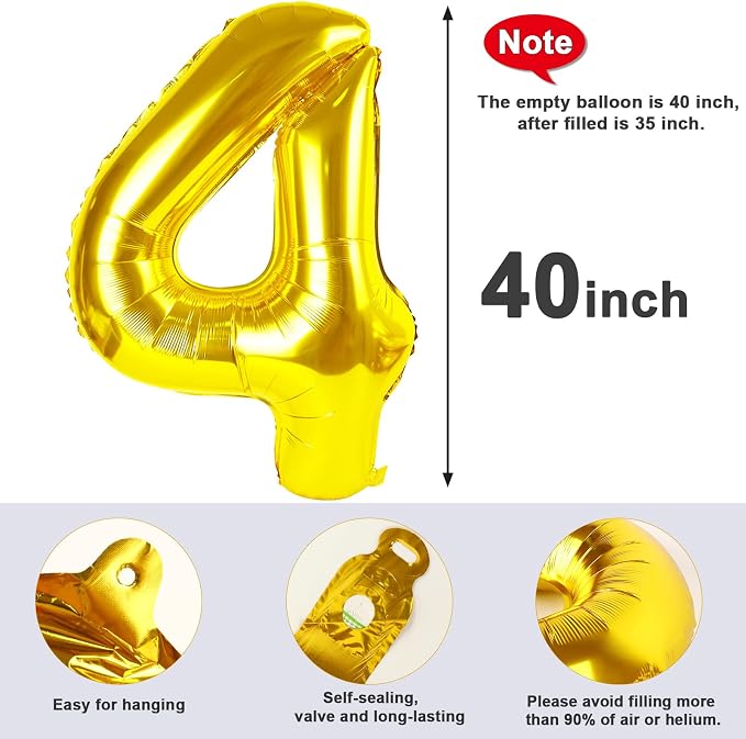 Number Balloon Gold Number 4 for 4 14 Birthday Party Decorations, 40 Inch | - Image 6