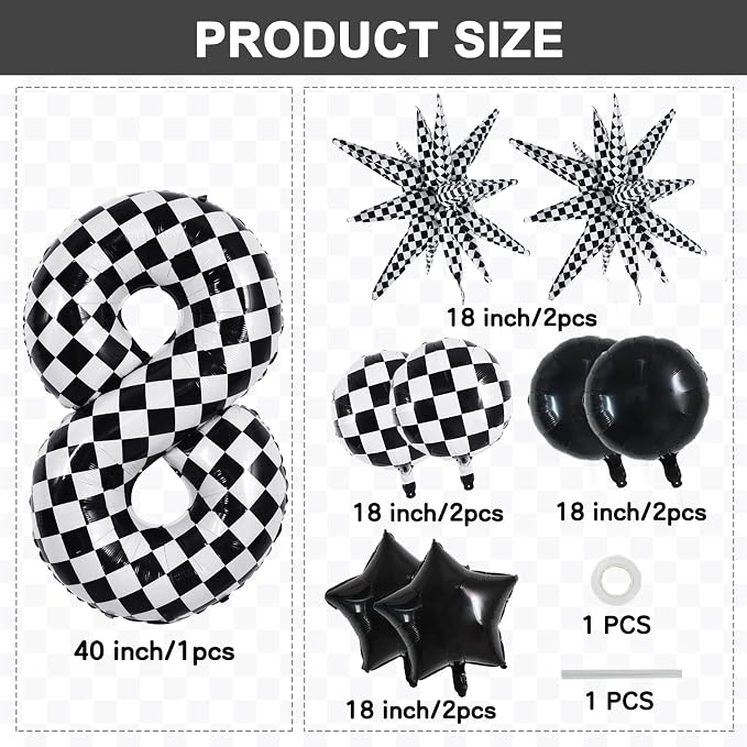 TONIFUL 8th Birthday Balloons Kit 40 Inch Checkered Number 8 Foil Balloon | - Image 2