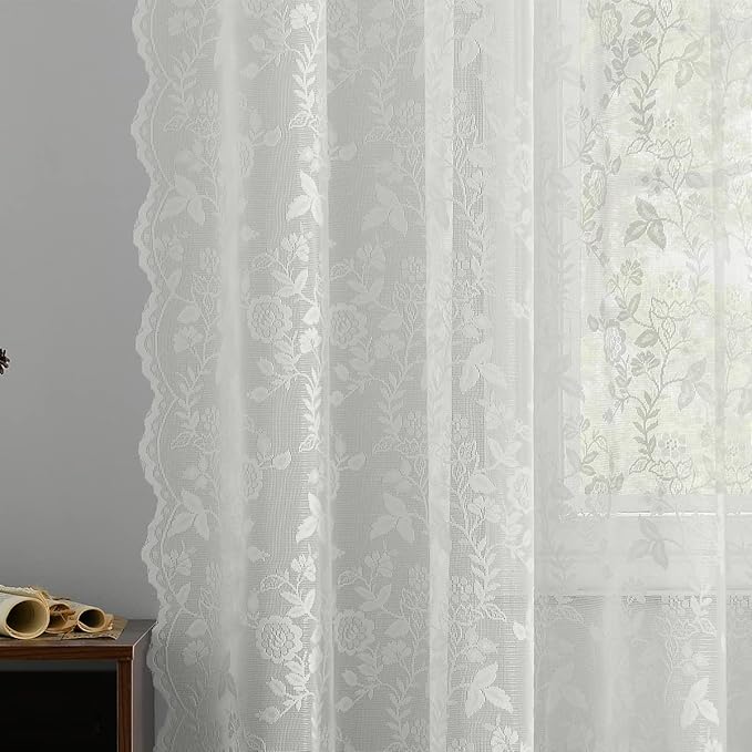 FINECITY Ivory Lace Curtains 45 Inch Length, Vintage Sheer Curtains Short - Image 4