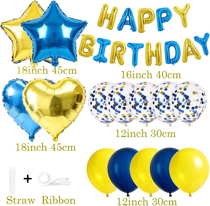 27 Pcs Gold Blue Birthday Decorations, 3D Letters Yellow Blue Happy Birthday - Image 3