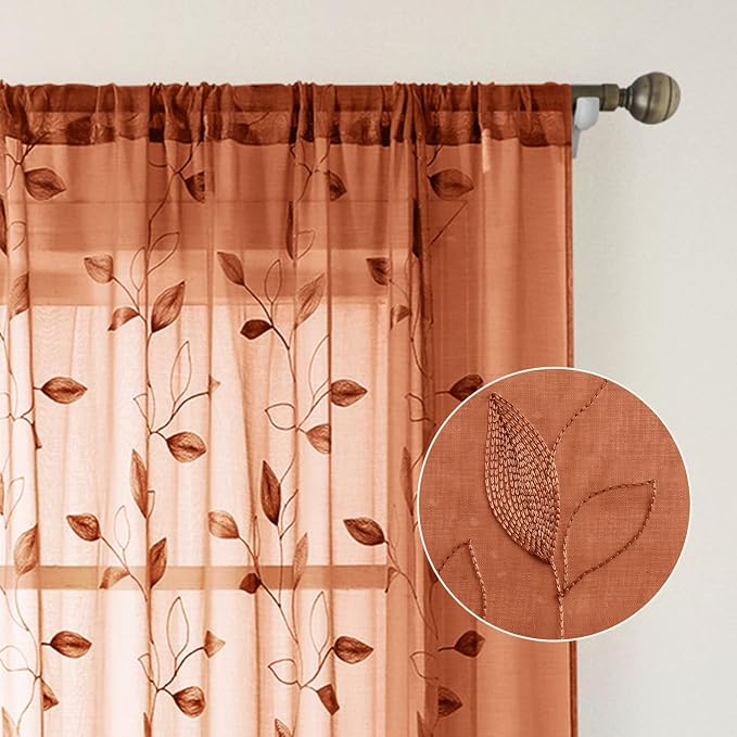 HOMEIDEAS Fall Burnt Orange Sheer Curtains 63 Inches Length 2 Panels - Image 7