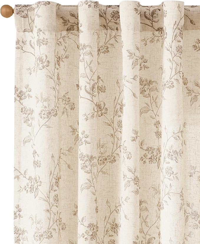 jinchan Taupe Floral Linen Curtains 108 Inch Extra Long Back Tab 2 Panels | - Image 2