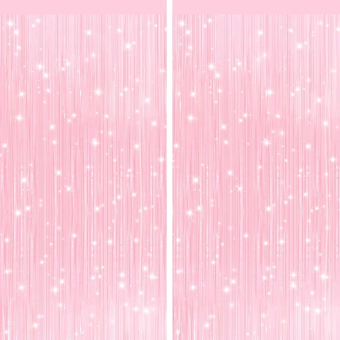 2Pack Pastel Pink Metallic Tinsel Foil Fringe Curtains, Door Streamers Photo by GCBPartyDecorations