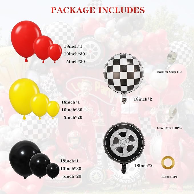 Race Car Balloon Garland Arch Kit 157Pcs Red Black Yellow Checkered Wheel - Image 2
