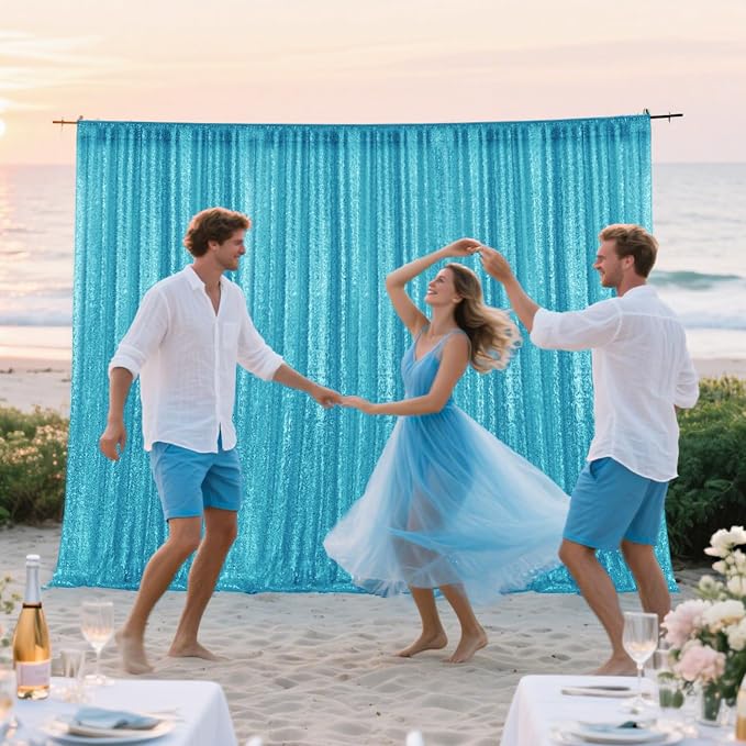 2×8FT-6PCS Turquoise Sequin Backdrop Curtains Panels, Photography Backdrop - Image 4