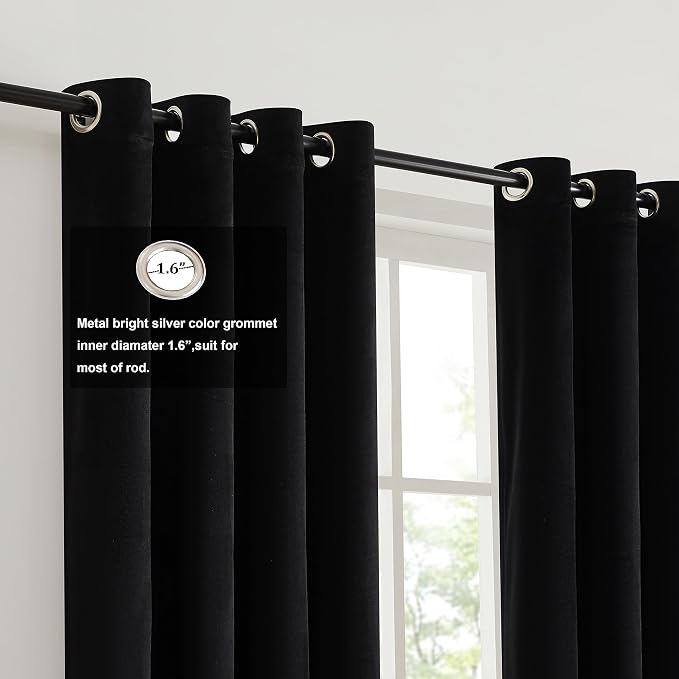 BULBUL Black Gold Color Block Window Curtains Panels 96 inches Long Velvet - Image 2