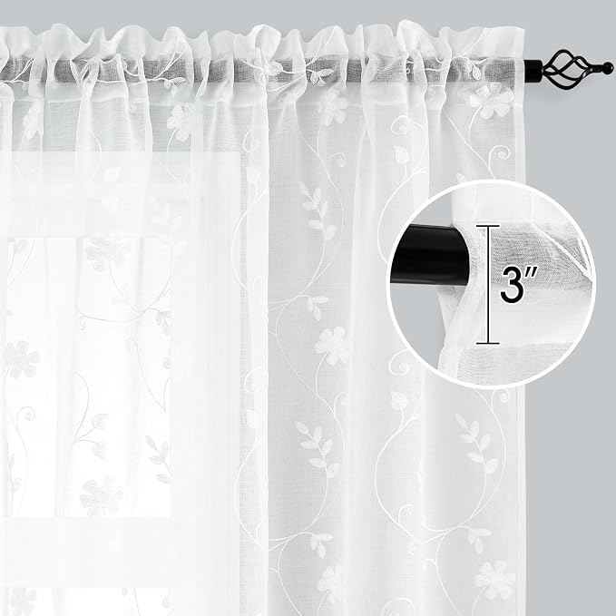 HOMEIDEAS White Sheer Curtains 84 Inches Long 2 Panels White Embroidered Floral - Image 8