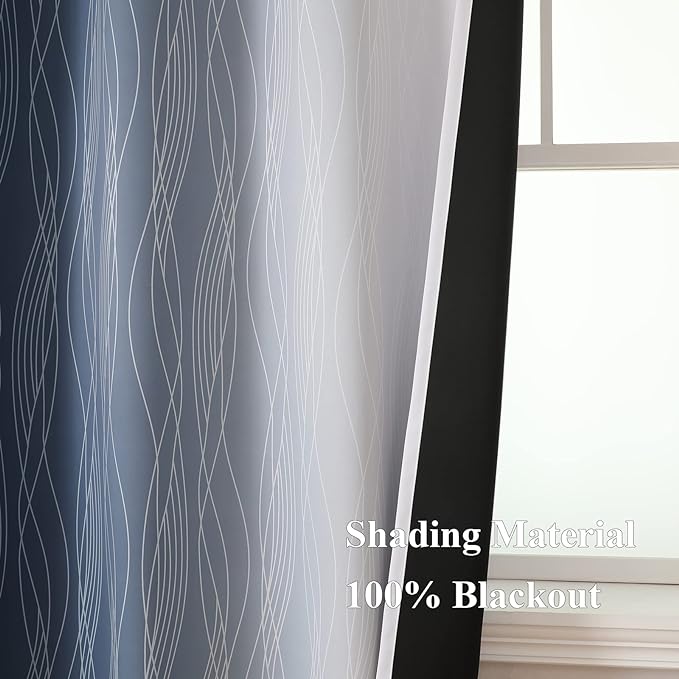 Greyish White and Navy Blue Blackout Curtains 96 Inches Long, Ombre Thermal - Image 5