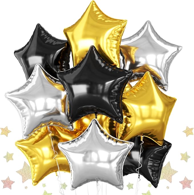Black Gold Silver Star Foil Balloons, 18 Inch Metallic Black and Gold Stars by BIAPIAN