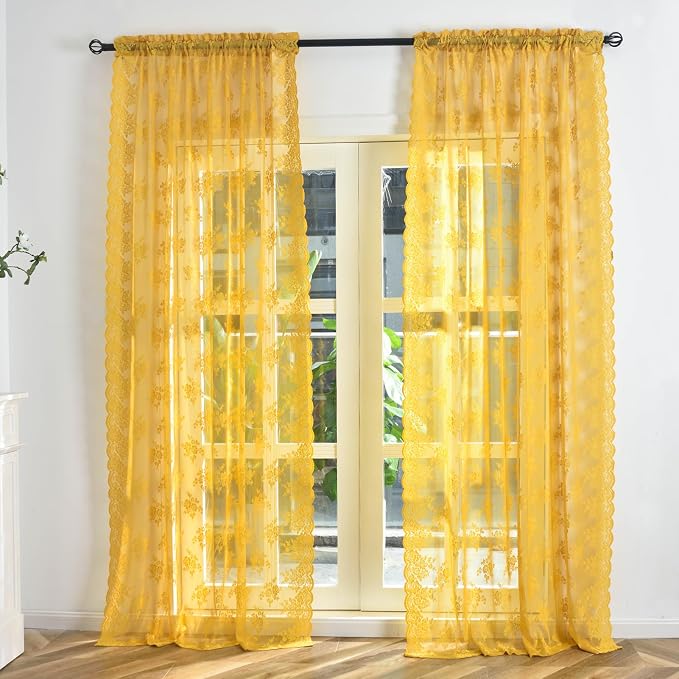 Kotile Mustard Yellow Sheer Lace Curtains Rustic Floral 52x84 Inch 2 Panels | - Image 9