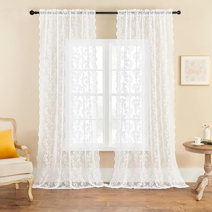 White Lace Curtains 80 Inches Long 2 Panels Paisley Pattern Victorian Lace - Image 2