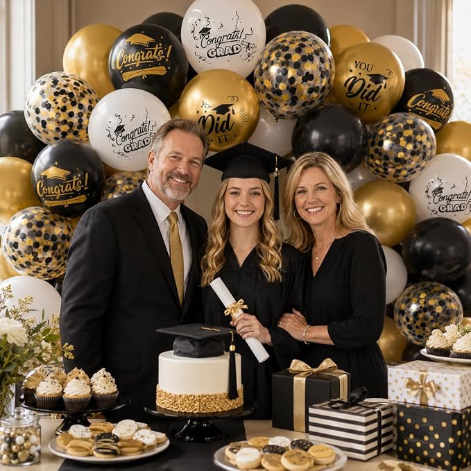 Paready Graduation Balloons Set, 12 Inch Metallic Black Gold White Confetti - Image 3