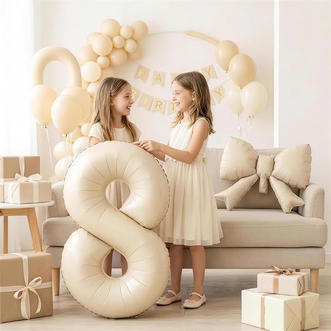 40 Inch Beige Number 5 with Bow Balloons, Giant Self Inflating Cream Foil - Image 5