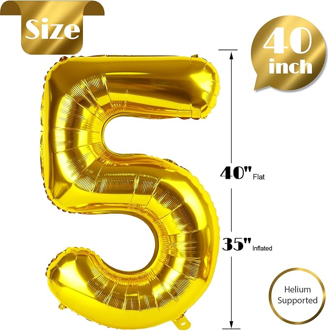 Gold Number 5 Balloon 40 Inch, 5th Birthday Party Decorations Men Women | Foil - Image 5