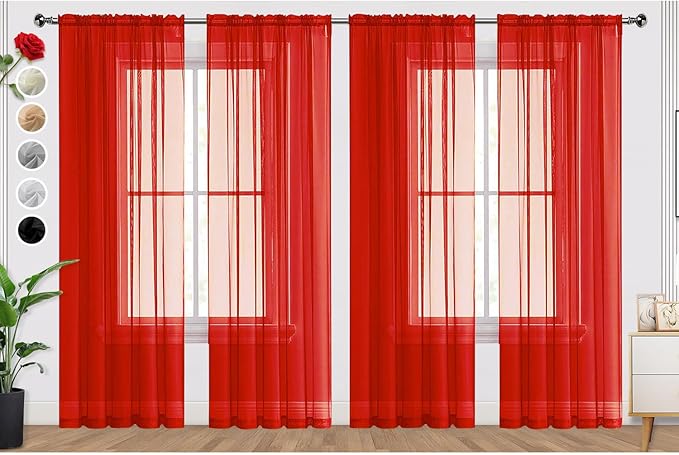 SpaceDresser Sheer Red Curtains 4 Panels Rod Pocket Semi-Sheer Curtain 90 by SpaceDresser