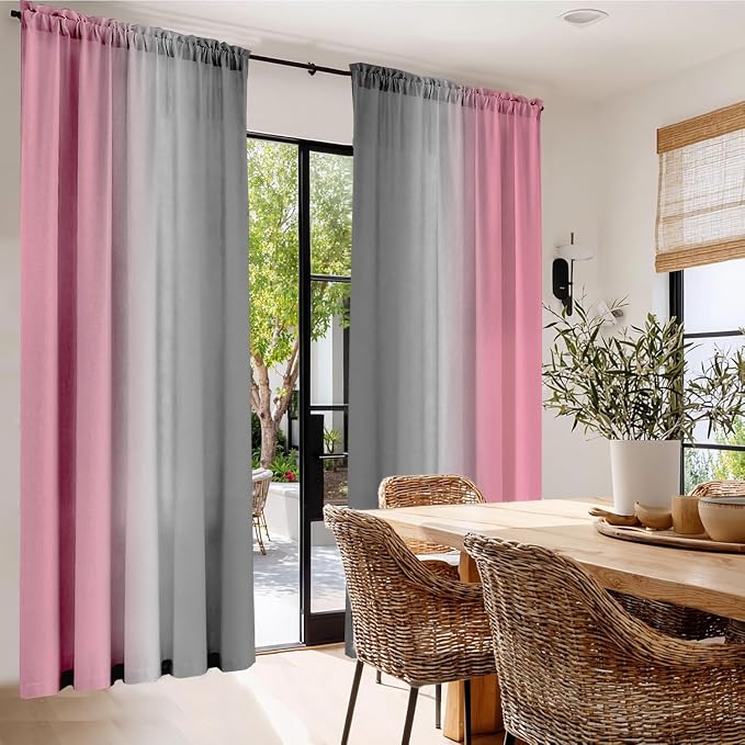 Pink Curtains 84 Inch Length 2 Panel Set Pink and Grey Ombre Curtains - Image 3