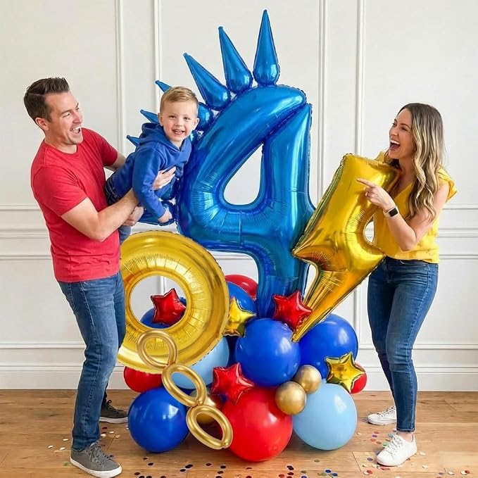 Speed Hedgehog 4th Birthday Balloon Centerpiece Set Royal Blue Red Gold Latex - Image 2