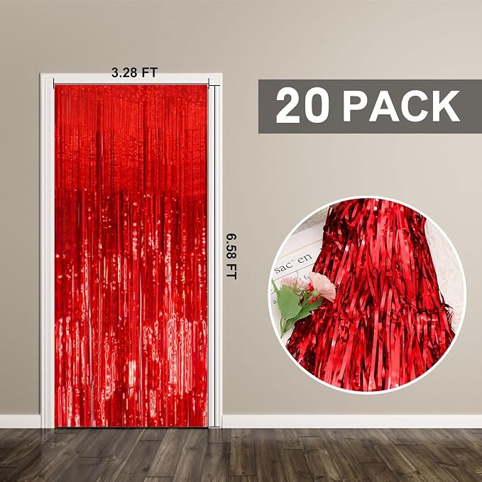 20 Pack Foil Curtain Backdrop Red Metallic Tinsel Foil Fringe Curtains Photo - Image 7