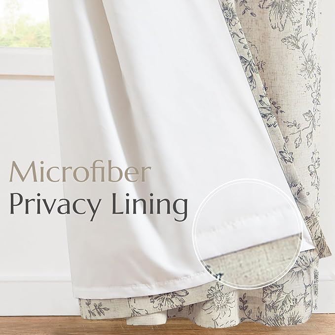 jinchan Gray Floral Linen Curtains Lined 96 Inch Vintage Back Tab 2 Panels | - Image 5