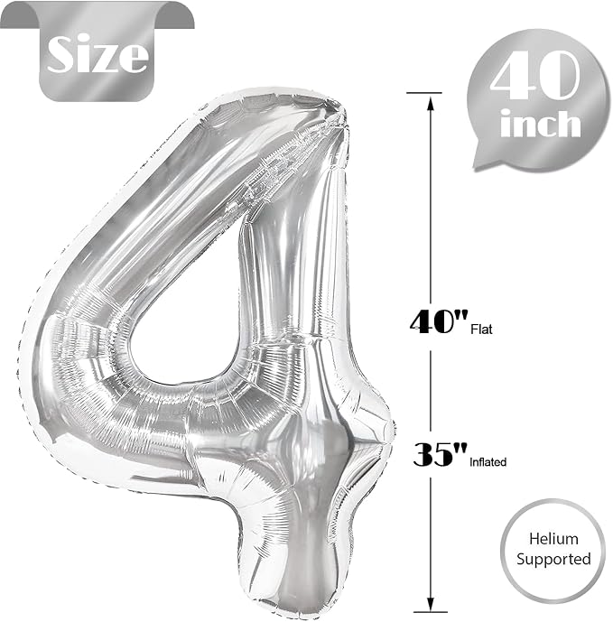 Silver Number 4 Balloon 40 Inch, 4th Birthday Party Decorations Men Women | - Image 5