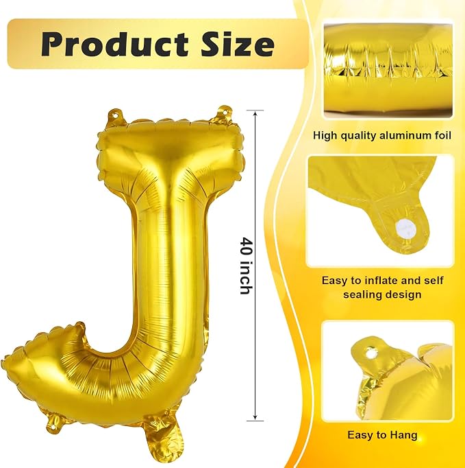 Gold Letter J Balloons, 40 Inch Large Foil Letter Balloons, Custom Phrase - Image 2