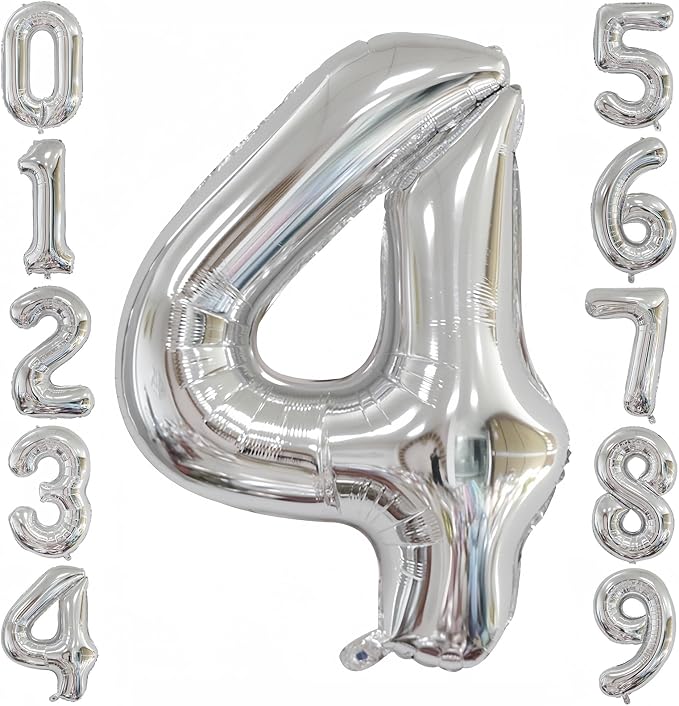Silver 4 Balloon, 40 Inch Number 4 Balloon, 4 Birthday Balloon Decorations by BBPOOL