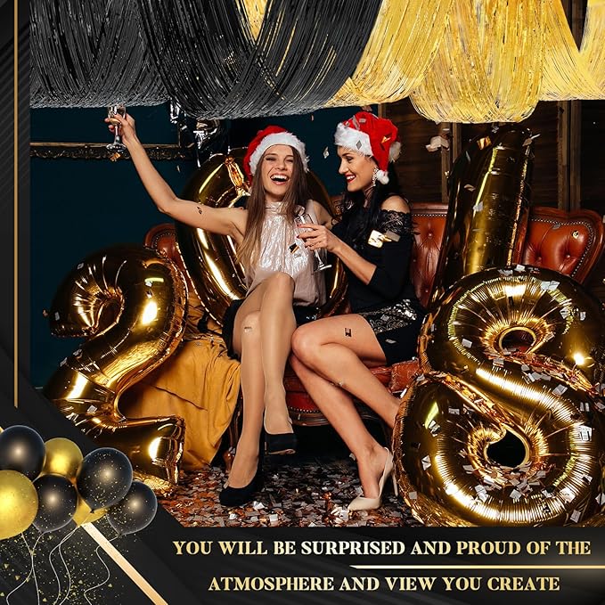 8 Pcs 15ft Gold Black Metallic Foil Ceiling Fringe Curtains, Graduation Party - Image 5