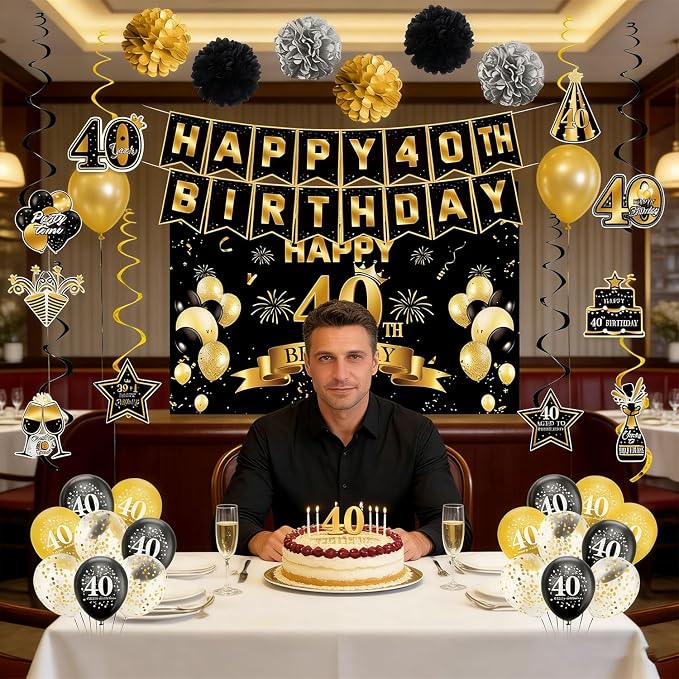 40th Birthday Decorations for Men Women | Pre-Strung Black Gold Happy Birthday - Image 3