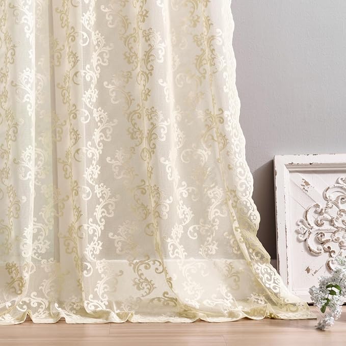 FOLKSIDE Beige Lace Curtains 72 Inch Length 2 Panels Set Victorian Floral Sheer - Image 5