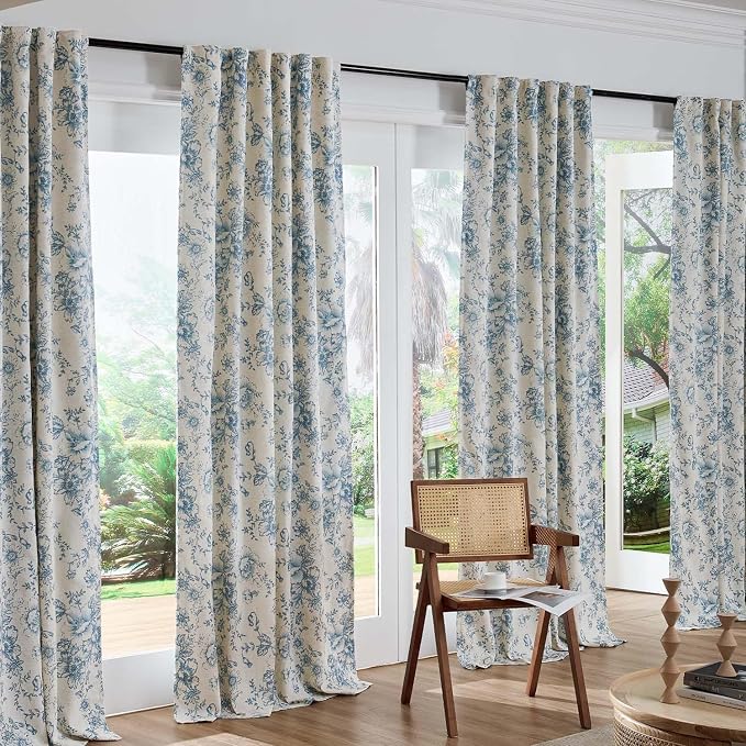 jinchan Blue Floral Linen Blackout Curtains Lined 63 Inch Back Tab 2 Panels | - Image 7