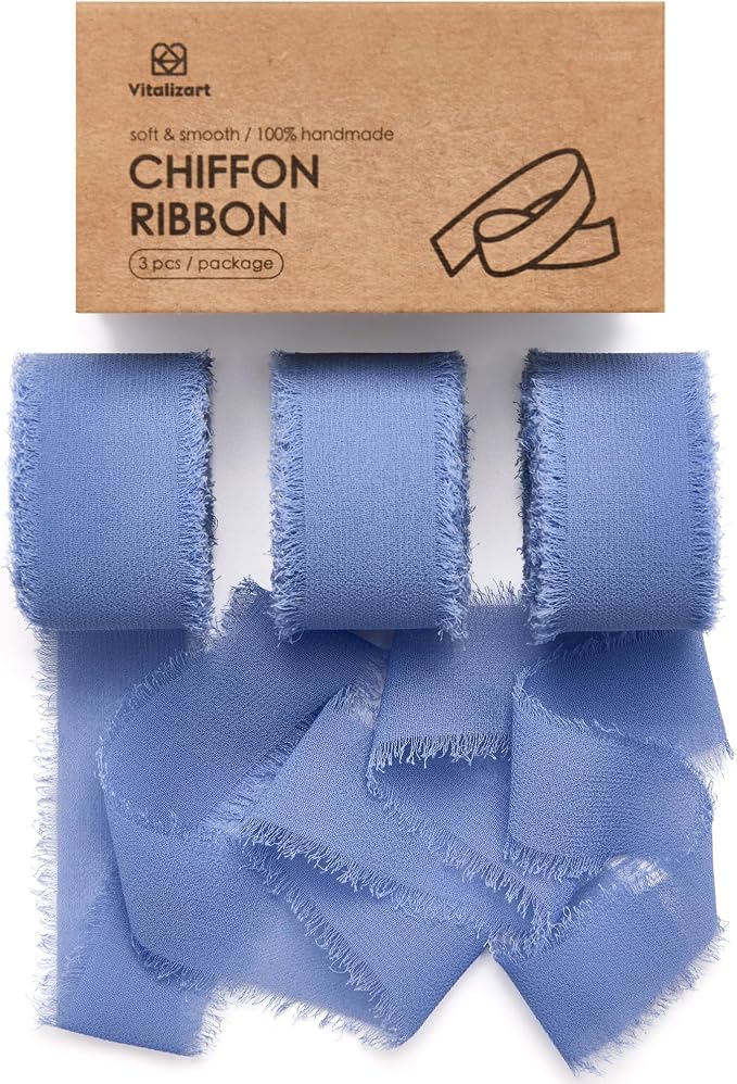 Vitalizart Dusty Blue Chiffon Silk Ribbon 1" x 21 Yd Handmade Frayed Fringe | by Vitalizart