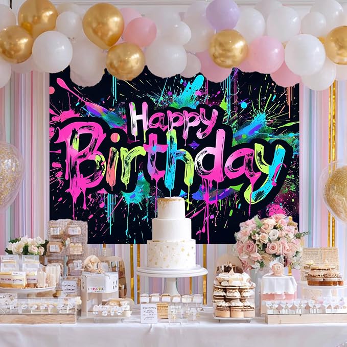 HOMETITUTE Neon Happy Birthday Backdrop 96x72 Inch | Happy Birthday Backdrop - Image 4