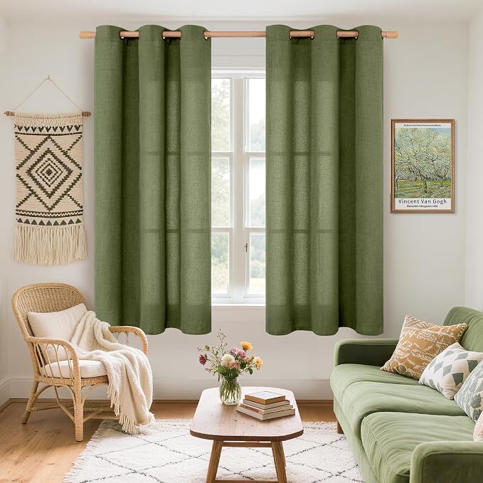 YoungsTex Olive Linen Curtains 45 Inch Length 2 Panels, Dark Green Short Drapes - Image 2
