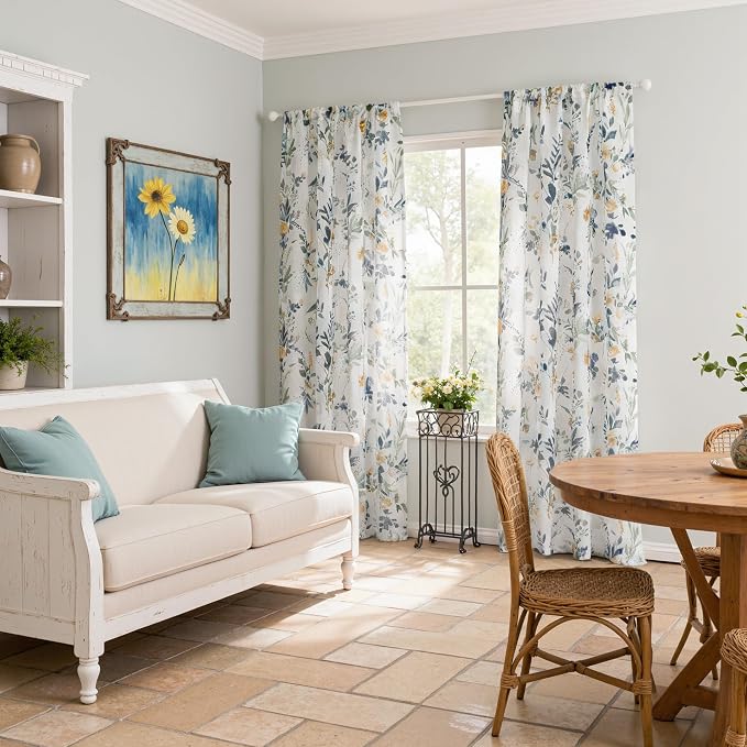 MYSKY HOME Yellow and Blue Floral Sheer Kitchen Curtains 45 Inch Length | Light - Image 8