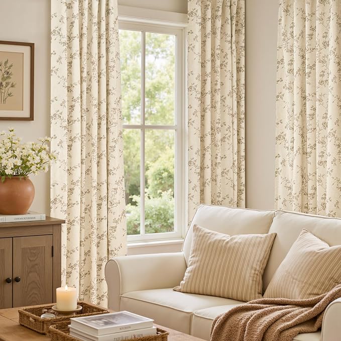 Blackout Vintage Floral Linen Curtains Taupe on Beige 50×84 2 Panels | Elisa - Image 5