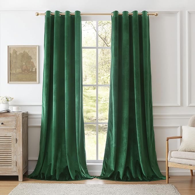 BULBUL Velvet Green Blackout Curtains 90 inch Long by ModernShinyVelvetCurtains