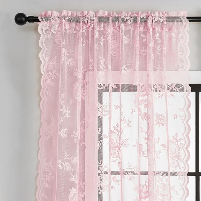 Light Pink Lace Curtains 45 Inch Length 2 Panels Rod Pocket Large Floral - Image 4