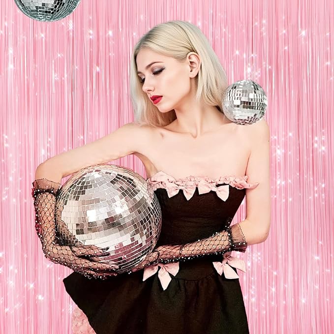 2Pack Pastel Pink Metallic Tinsel Foil Fringe Curtains, Door Streamers Photo - Image 2