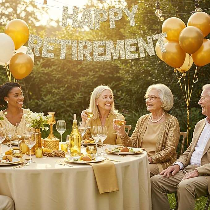 Glitter Champagne Gold Happy Retirement Banner Pre-Strung Retirement Party - Image 4