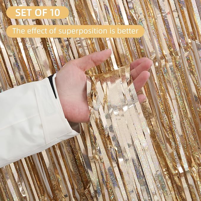 10 Pack Sparkle Champagne Foil Curtain Backdrop 3.2ft x 9.8ft Metallic Tinsel - Image 2
