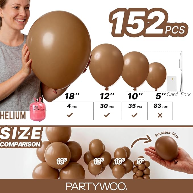 PartyWoo Brown Balloons 152pcs Different Sizes of 18 12 10 5 Inch Boho Neutral - Image 6